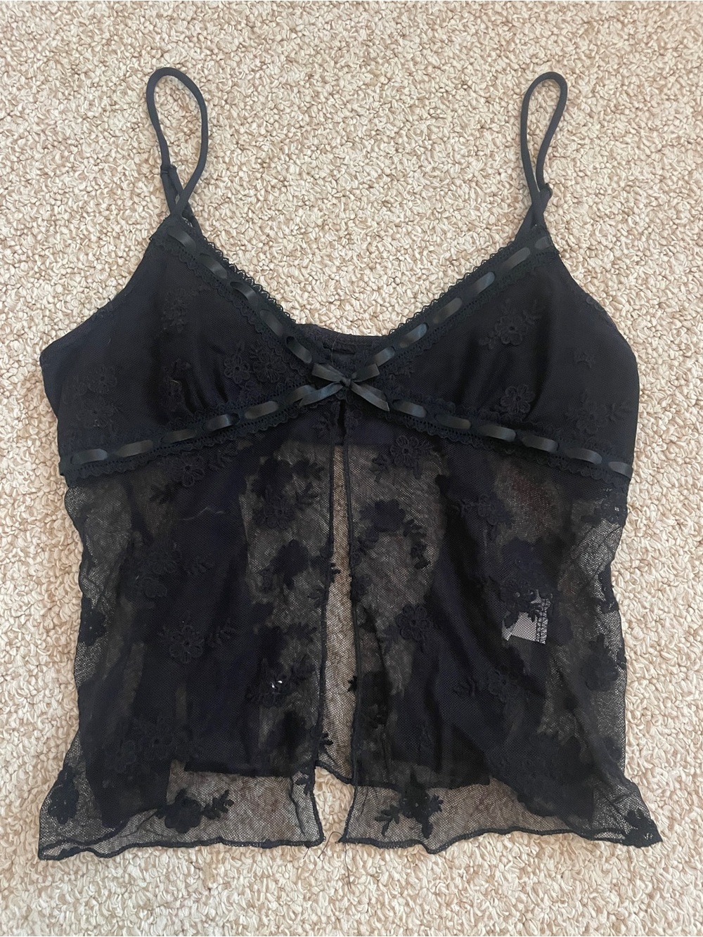 Black Sheer Lace Camisole with Ribbon Trim